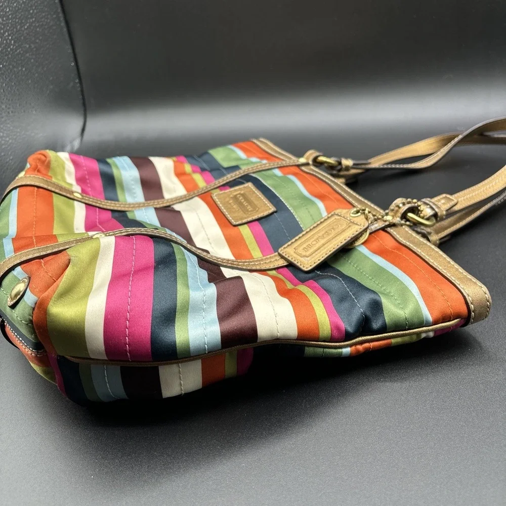 Coach Legacy 12421 Shoulder Striped Bag Purse Satin Brown Green Orange